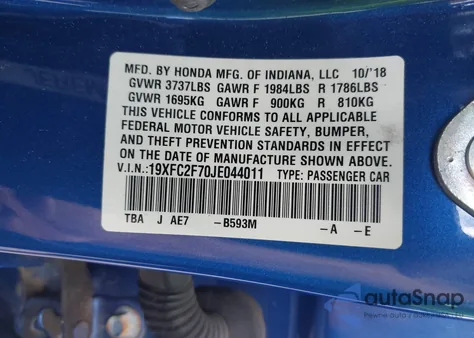 2018 Honda Civic Ex z USA, uszkodzony, nr VIN 19XFC2F70JE044011